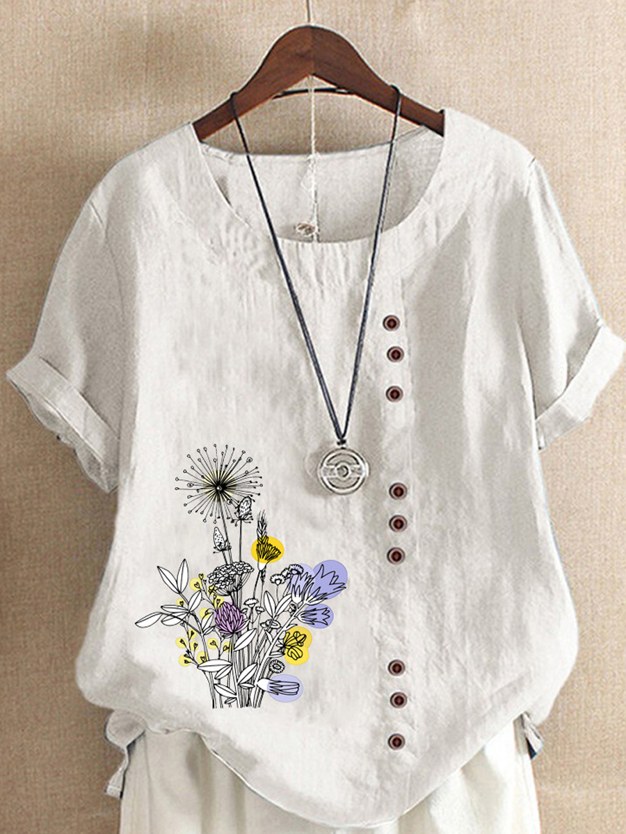 Casual Floral Print Crew Neck Short Sleeve Blouse