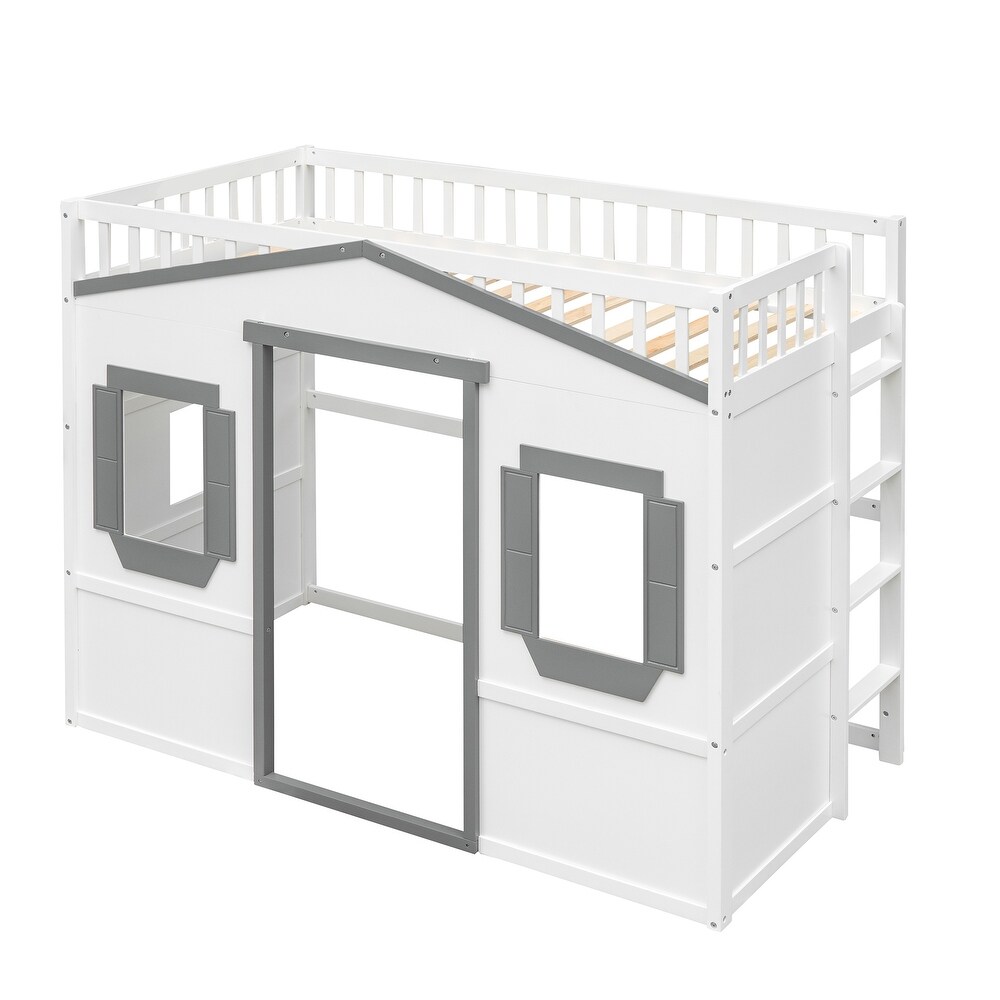 House Loft Bed Twin Kids Playhouse Bed  Solid Wood Loft Bed Frame with Window and Ladder  for Girls Boys  White+Grey