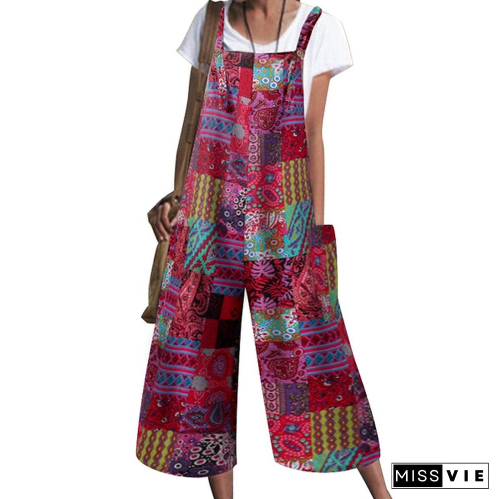 VONDA Women Sleeveless Floral Print Wide Leg Cotton Bib Pants Holiday Summer Party Jumpsuits Overalls Plus Size Dungarees Pants