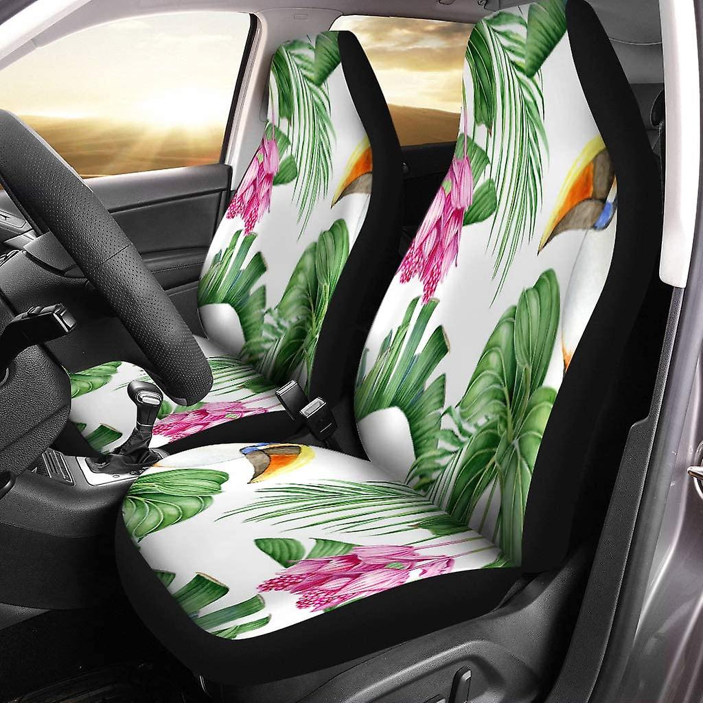 Set Of 2 Car Seat Covers Green Toucan Pink Tropical Flowers And Leaves Watercolor Pattern Universal Auto Front Seats Protector Fits