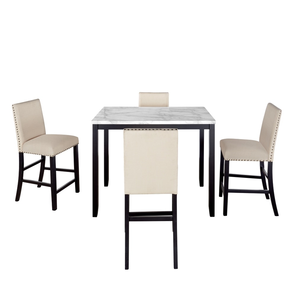 Luxury 5 Piece Counter Height Dining Table Set with Marble Dining Table and Upholstered Dining Chairs  for Living Room  Beige