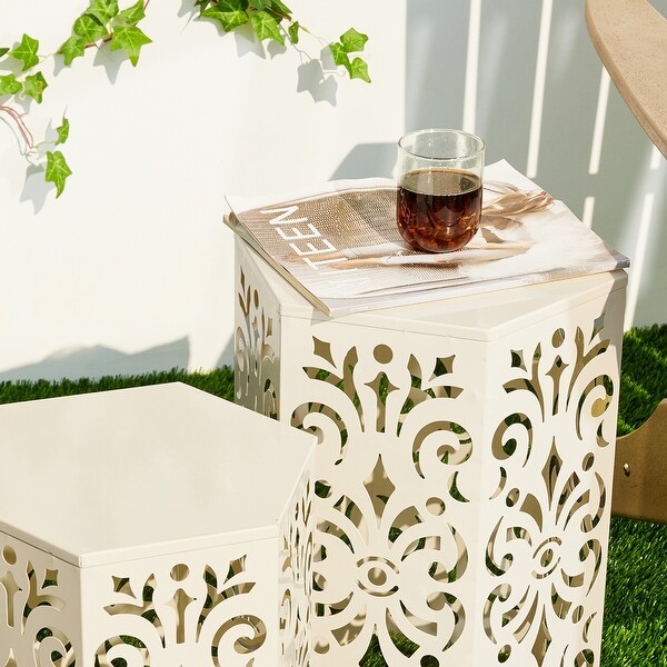 Glitzhome Set of 2 Iron Floral Pattern Outdoor Table Garden Stool