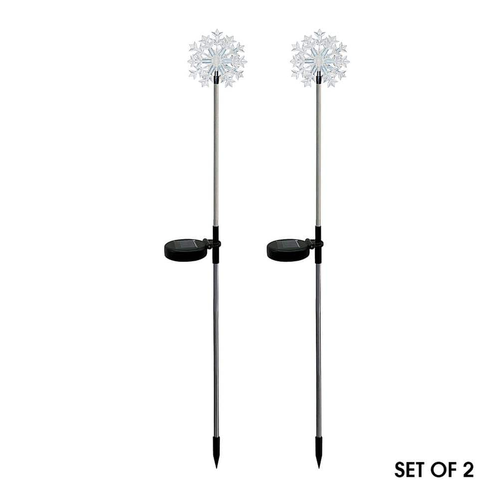 Alpine Corporation 33 in. Tall White Solar Snowflake Garden Stake with Cool LED Light (Set of 2) SLC131SLR-WT-2