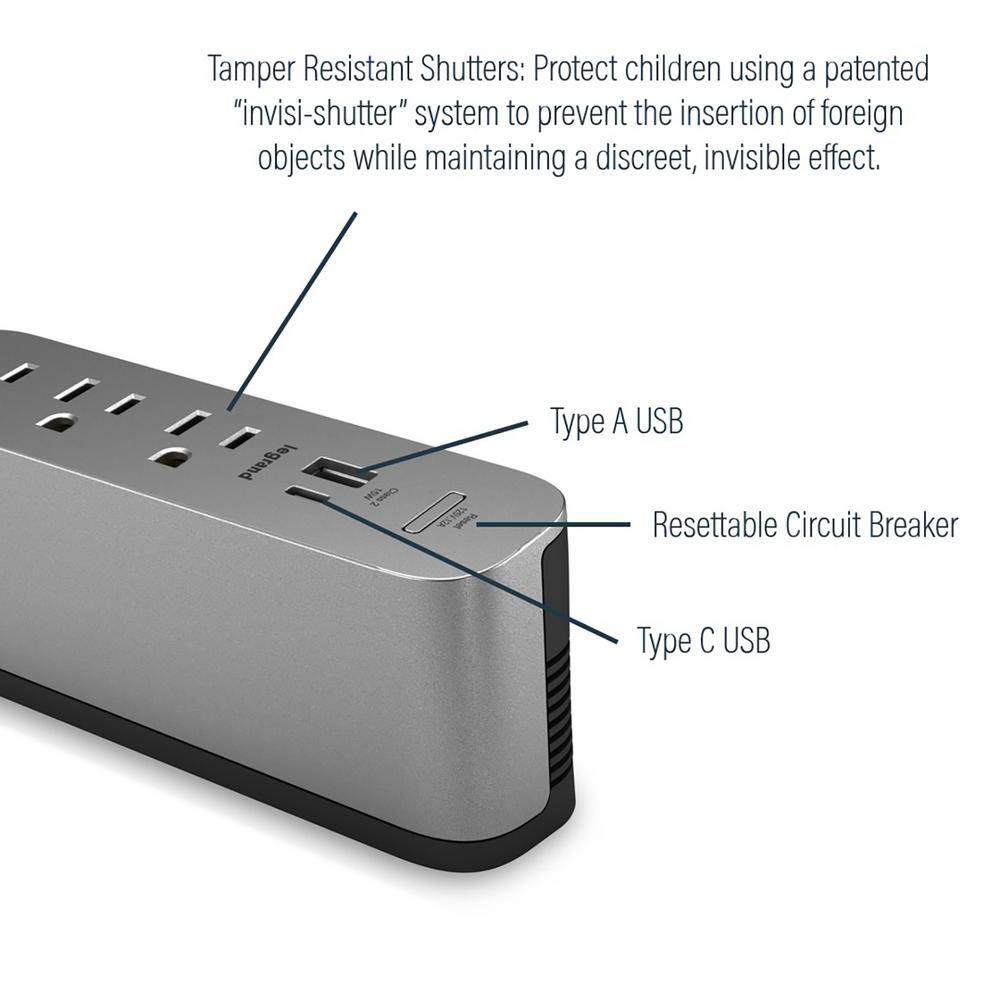 Legrand Wiremold ModPower 3 ft. Cord Magnesium 3-Outlet Middle Unit Surface Mount Power Strip with USB AC MDCA3-MG