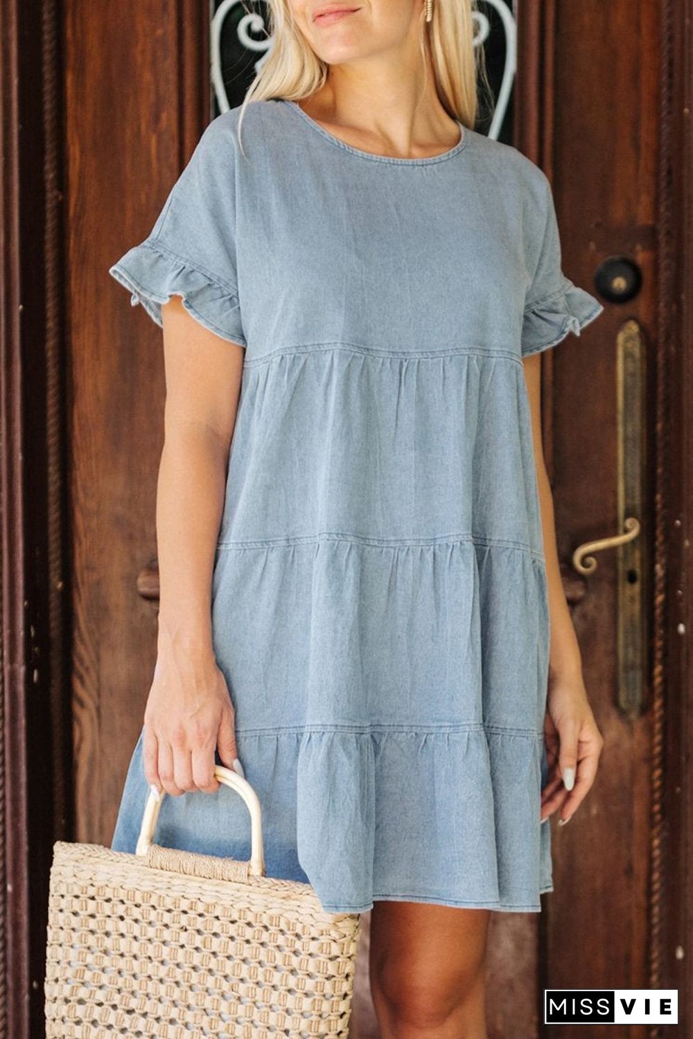 Sky Blue Ruffled Short Sleeves Tiered Denim Dress