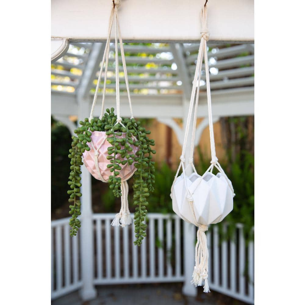 Flora Bunda 5 in. Matte White Ceramic Macrame Hanging Planter EM1882E-MTWH