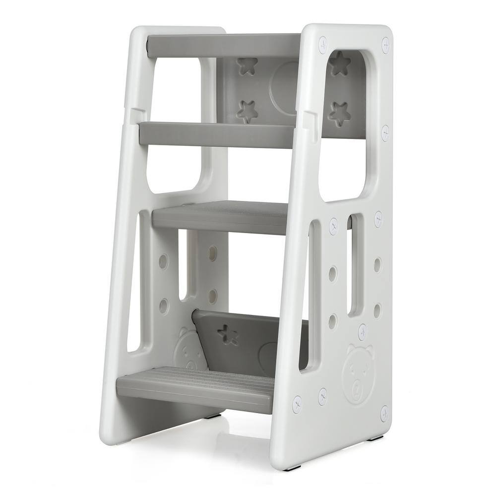 Costway Kids Kitchen Step Stool with Double Safety Rails Toddler Learning Stool Gray HY10011HS