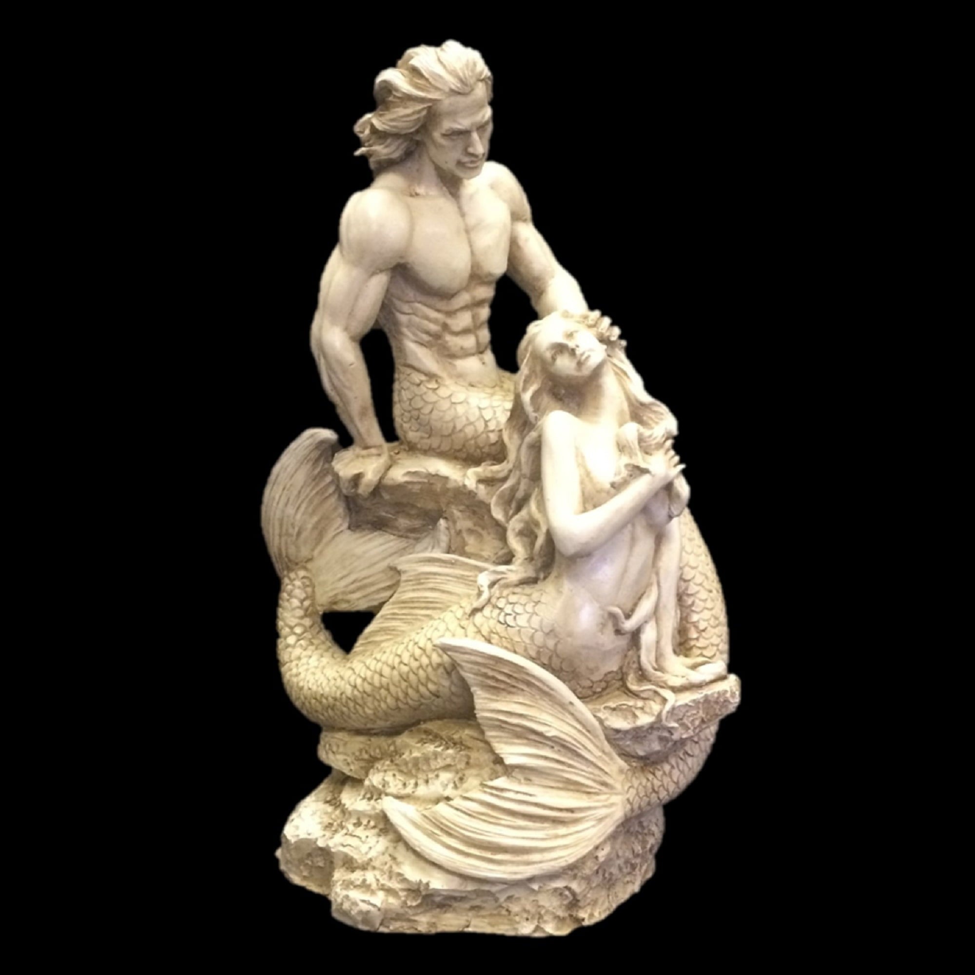 Homestyles 18 in. Sexy Merman & Mermaid on the Oceans Rock in Antique White Finish Nautical Garden Beach Statue