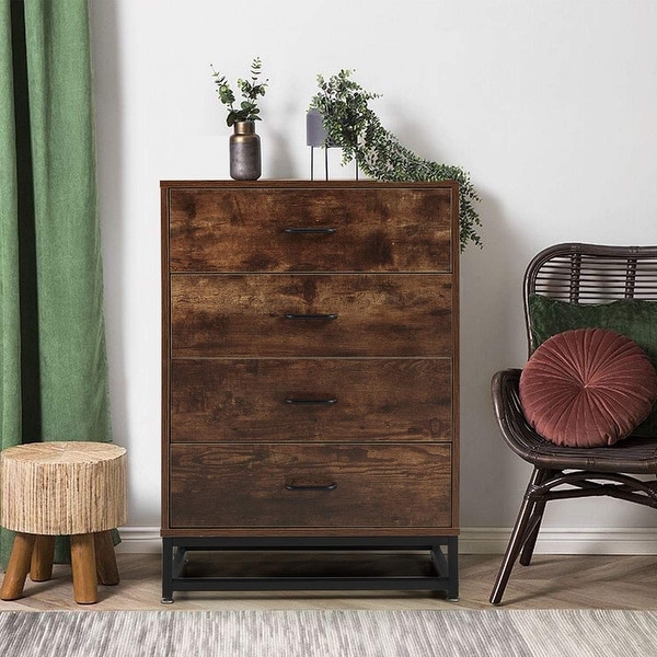 Chest of Drawers， Industrial Tall Dresser with 4 Drawers，Wood Storage Cabinet with Sturdy Metal Frame - as picture - - 37668516