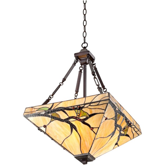 Wide Rustic Budding Branch Stained Art Glass 3 light Fixture For Dining Room House Kitchen Island