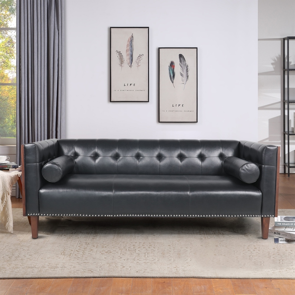 Modern Wooden Sides Arm Sofa with Leather  Nailhead Finish