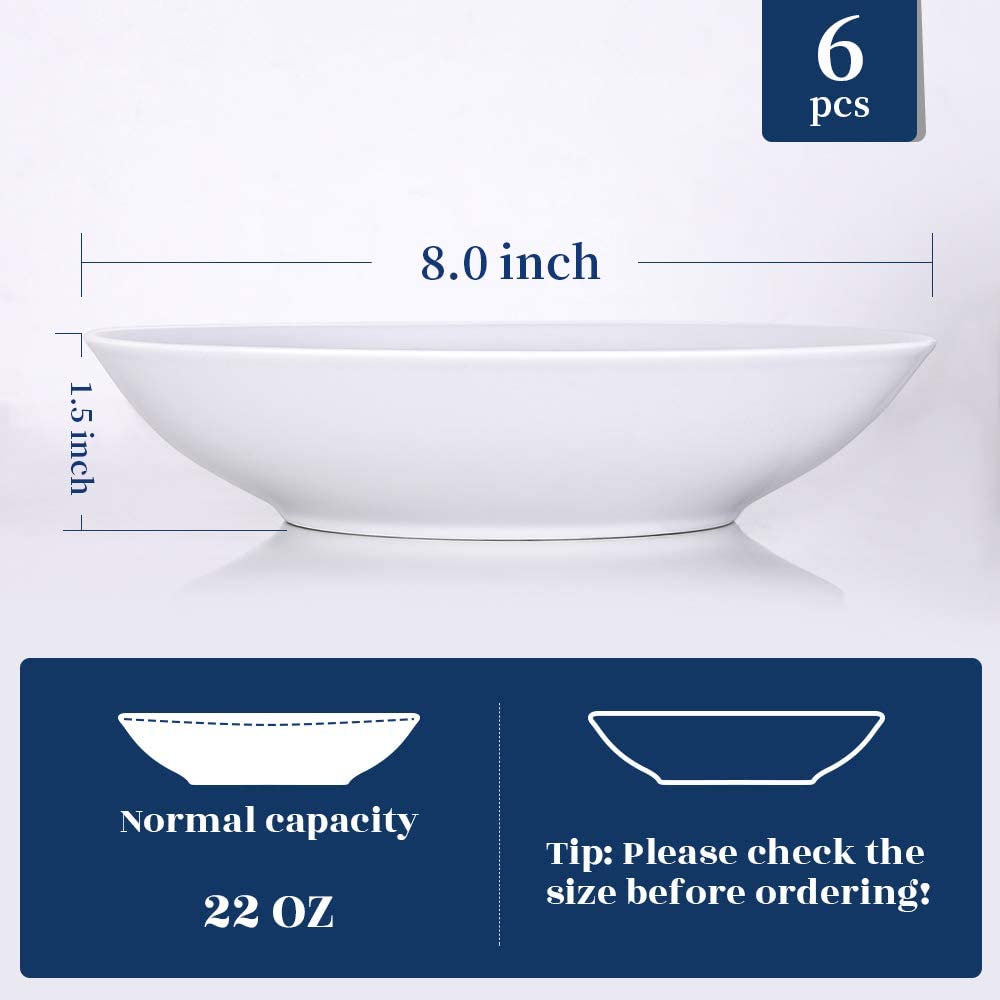 Y YHY 8inch Pasta Bowl Set of 6， 22 oz Large Ceramic Salad Bowl， Shallow and White Bowls for Serving