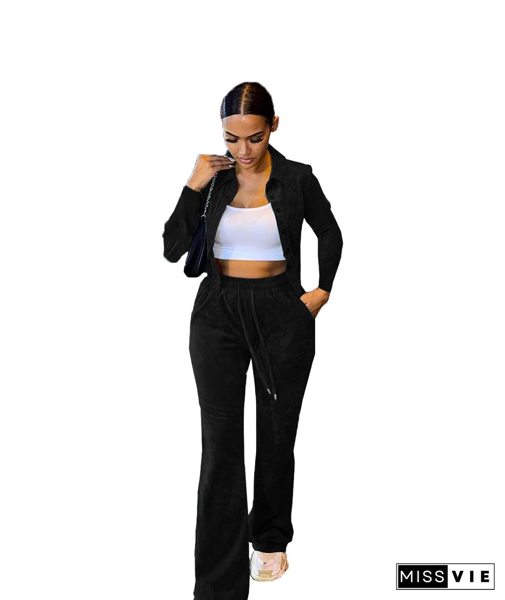 Velvet Button Crop Jacket Joggers Pants Set