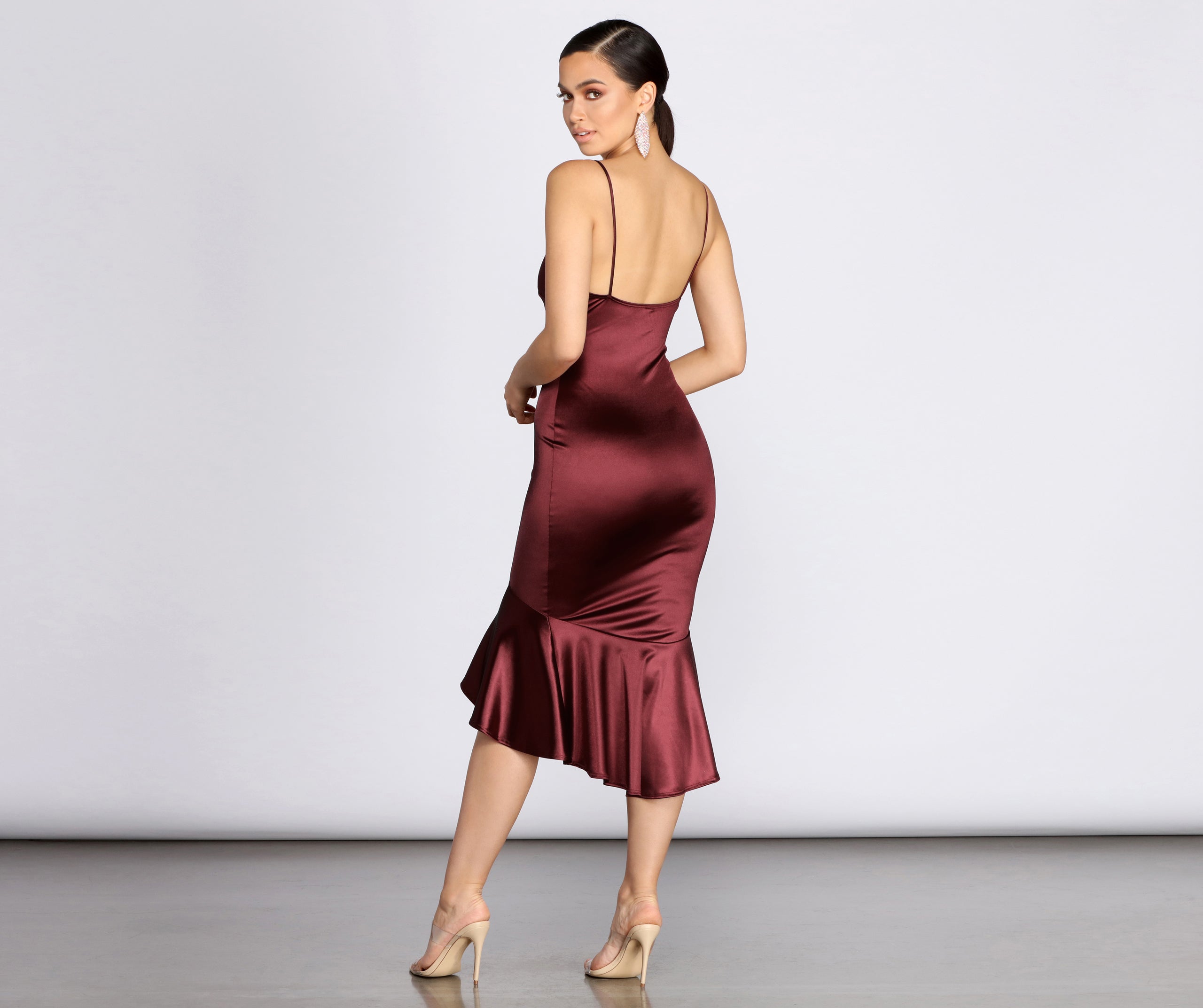 Trumpet Hem Satin Midi Dress