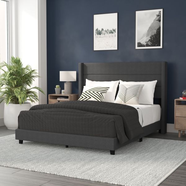 Hollis Queen Upholstered Platform Bed with Wingback Headboard， Mattress Foundation with Slatted Supports， No Box Spring Needed， Charcoal Faux Linen