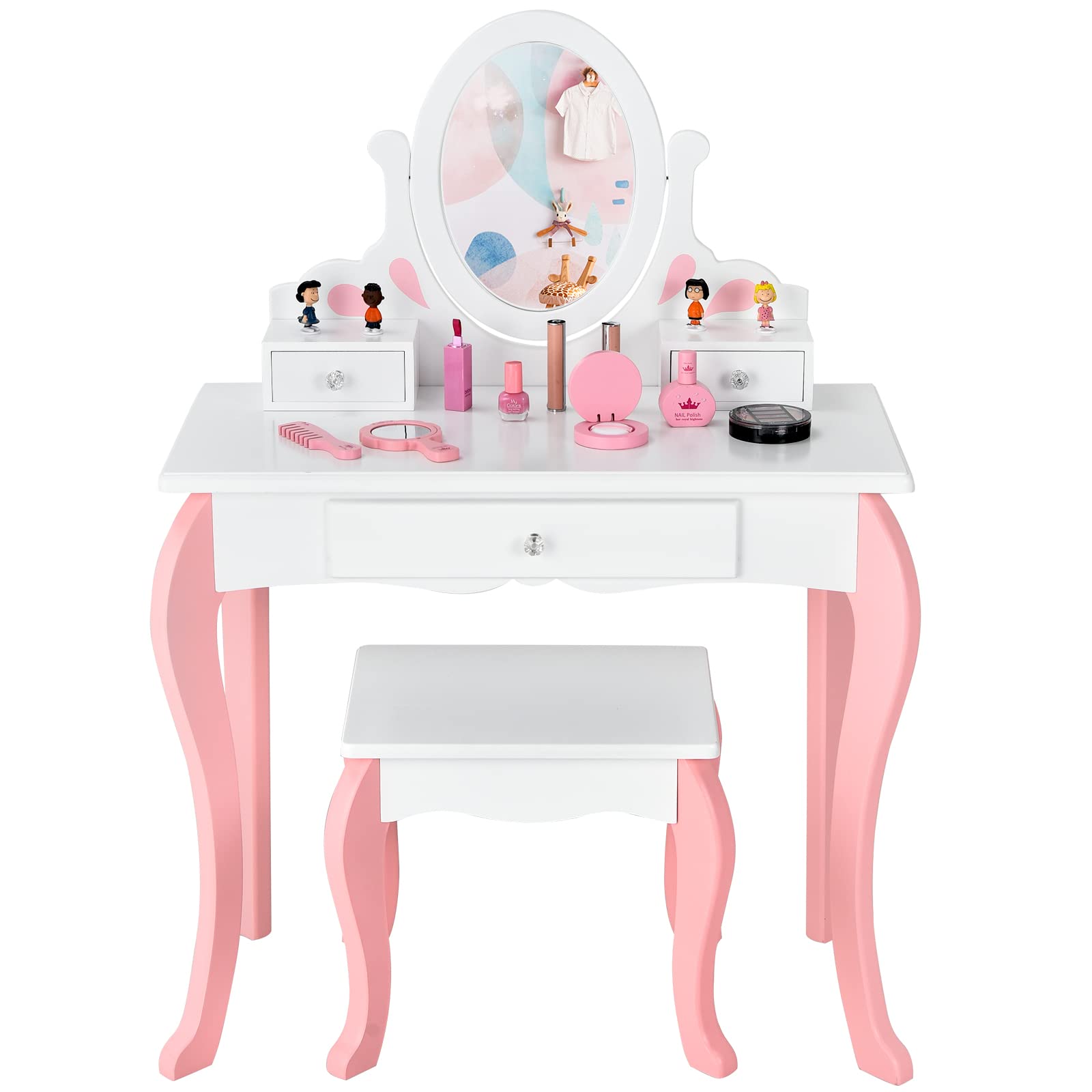 Costzon Kids Vanity Set with Mirror, 2 in 1 Princess Makeup Dressing Table w/ Detachable Top