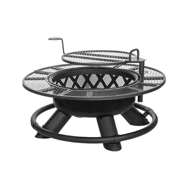 Steel Ranch Wood Burning Fire Pit Round Outdoor Fireplace With Adjustable Grill Top Safety Ring And Cooking Grate Black