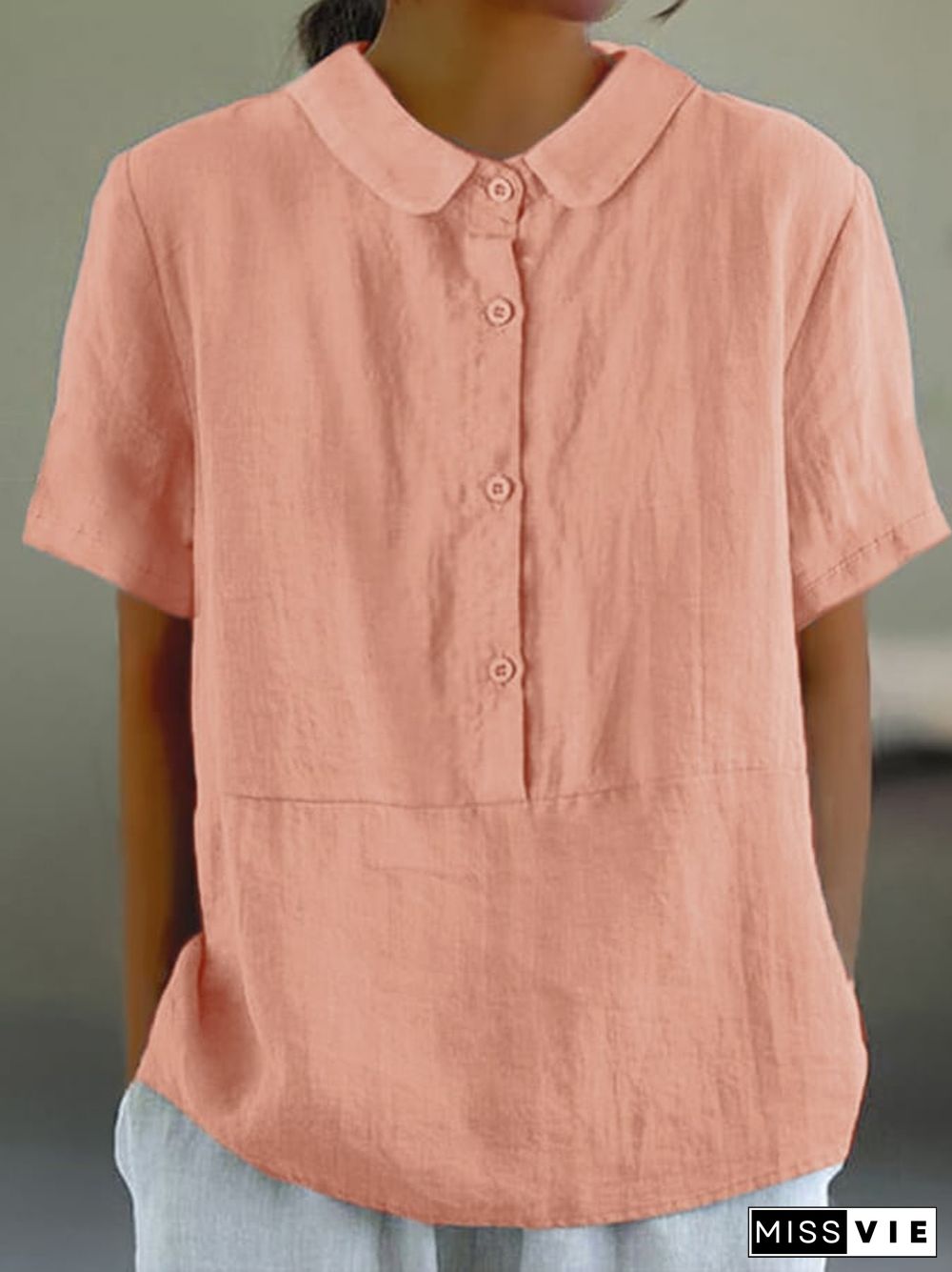 Women's Solid Color Cotton And Linen Lapel Short Sleeved Casual Blouse