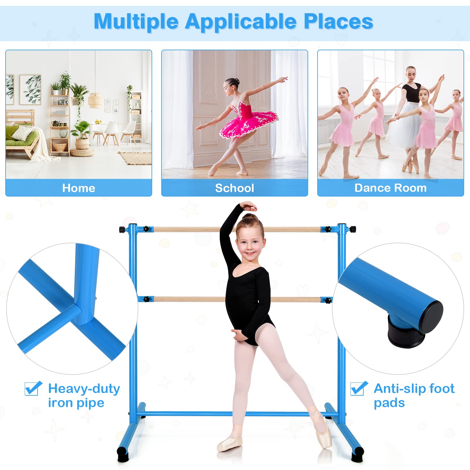 Costzon Portable Ballet Barre, 4FT Height Adjustable Double Wood Bar, Freestanding Fitness Dance Bar