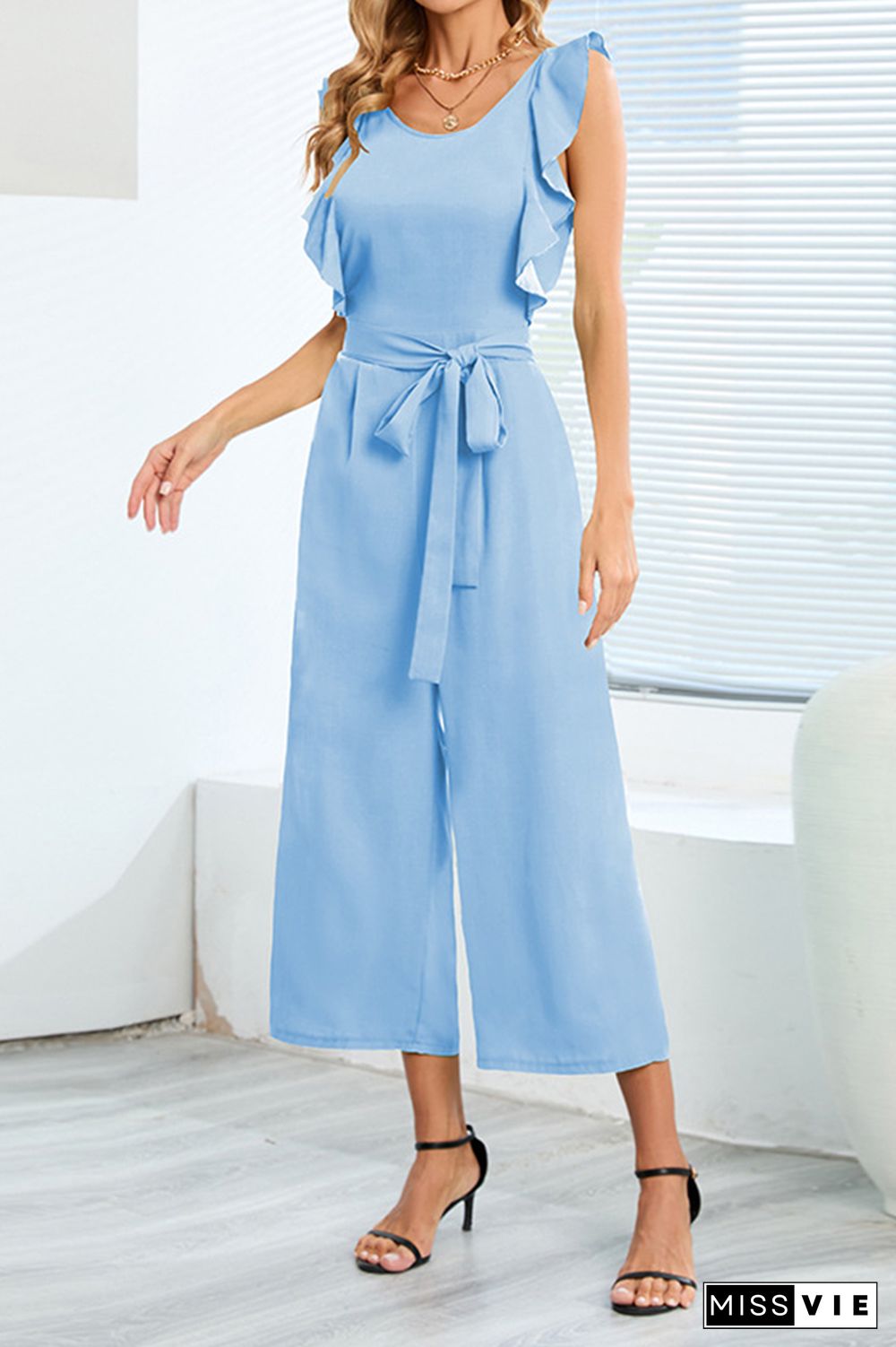 Plain Flutter Sleeveless Wide Leg Jumpsuit