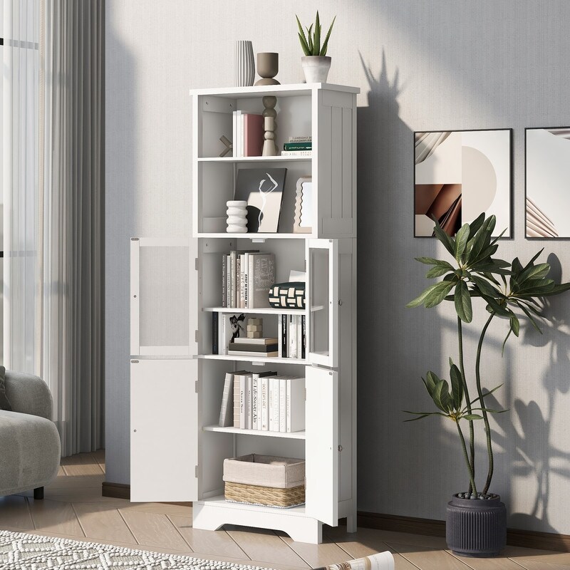 Wooden Freestanding Tower Cabinet Tall Bathroom Storage with Shelves and Doors