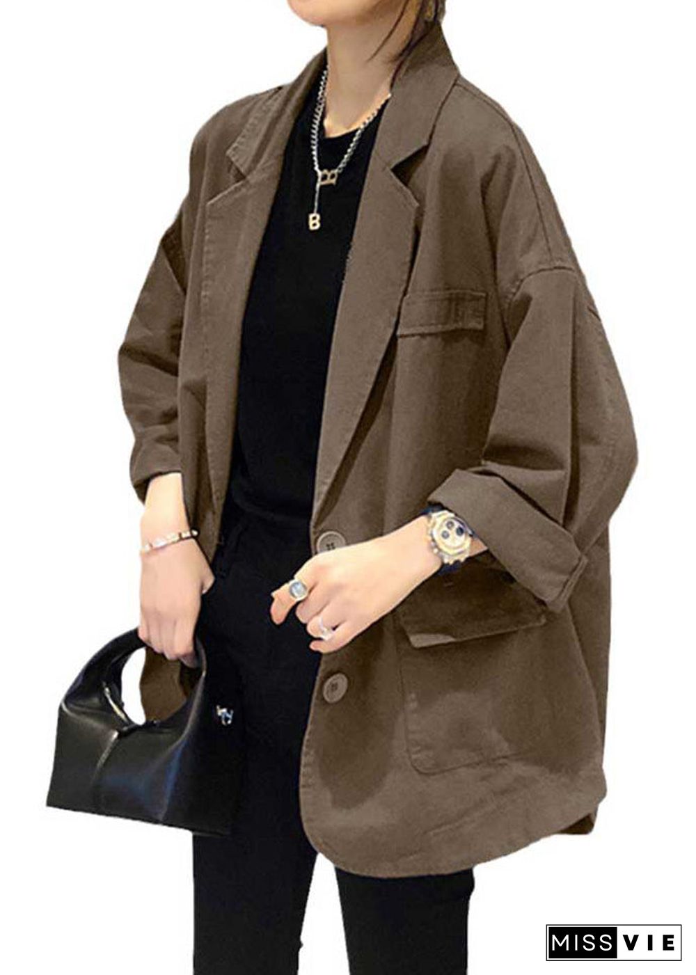 Plus Size Khaki Notched Pockets Patchwork Cotton Coats Fall