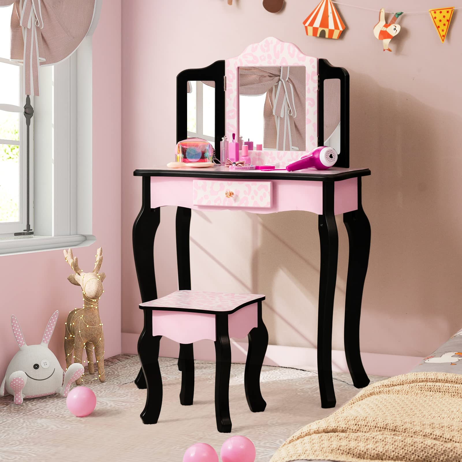 Costzon Kids Vanity Table and Chair Set, Girls Vanity Set with Mirror and Stool, Pretend Play Vanity Set for Little Girls