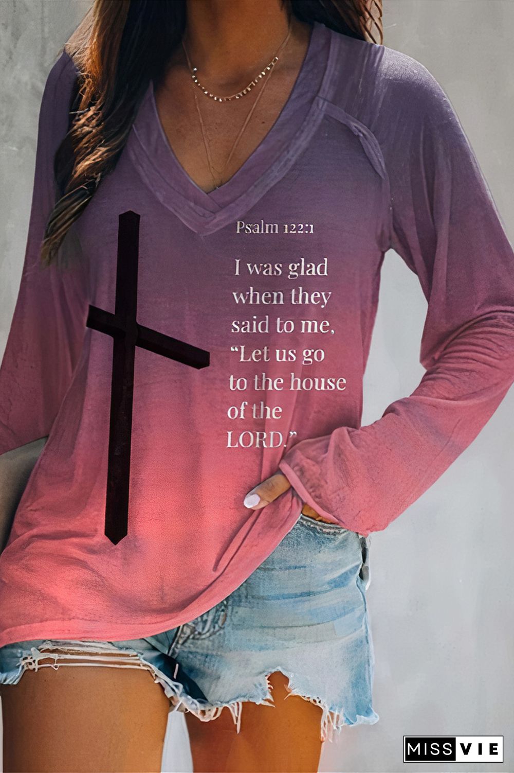 Ombre Cross Pattern V Neck T-Shirt