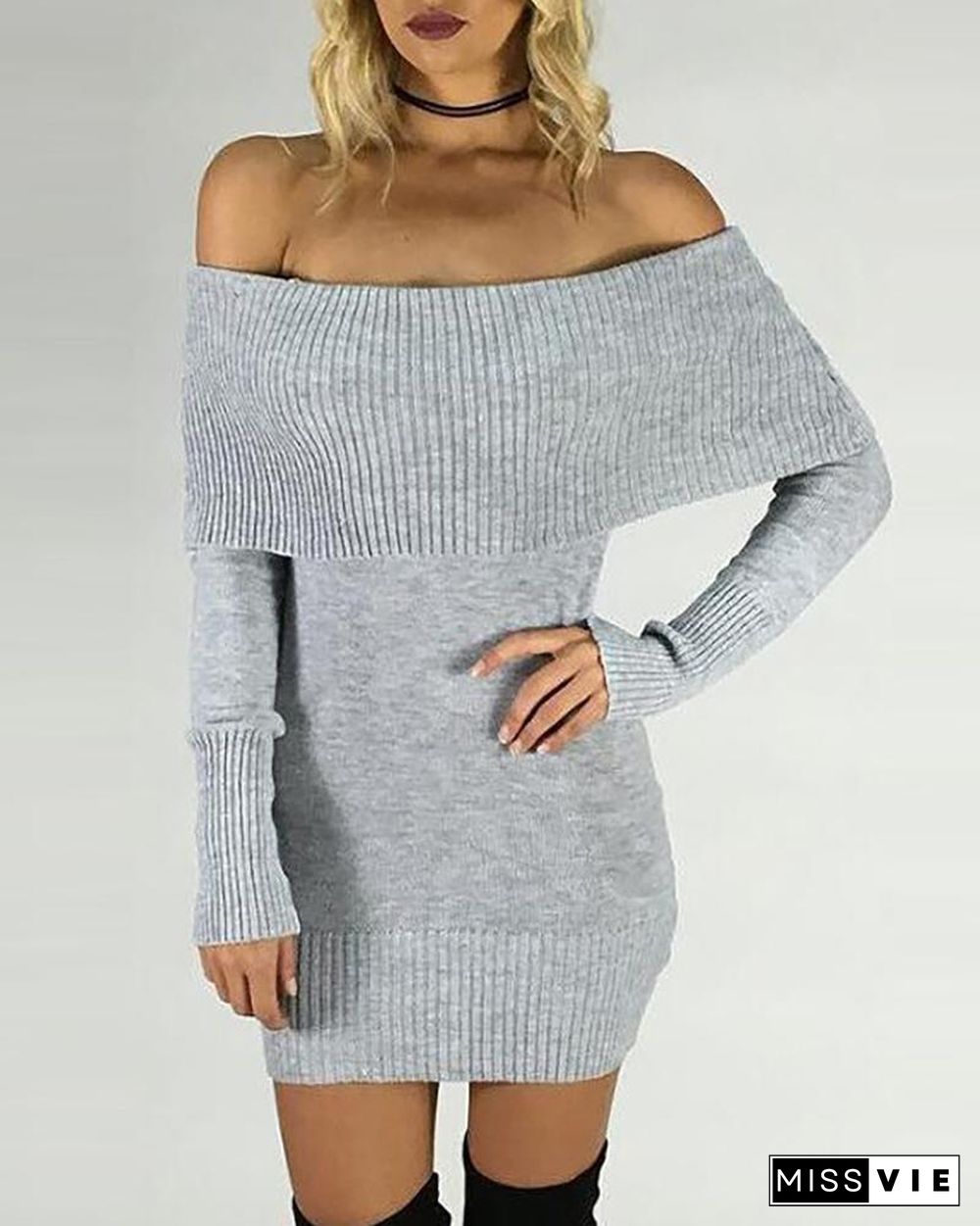 Off Shoulder Long Sleeve Sweater Dress P13625