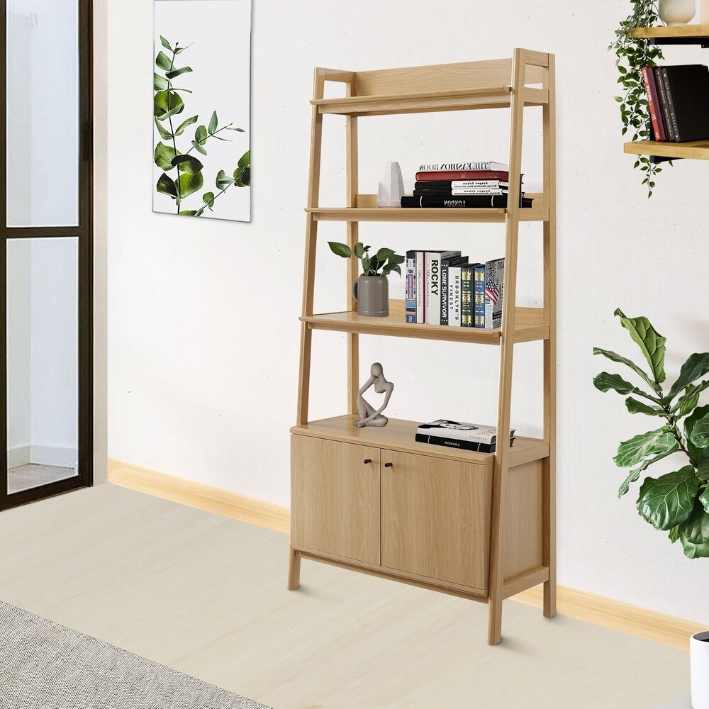 Balsam 5 Shelf Ladder Oak Wooden Bookcase with Storage Cabinet