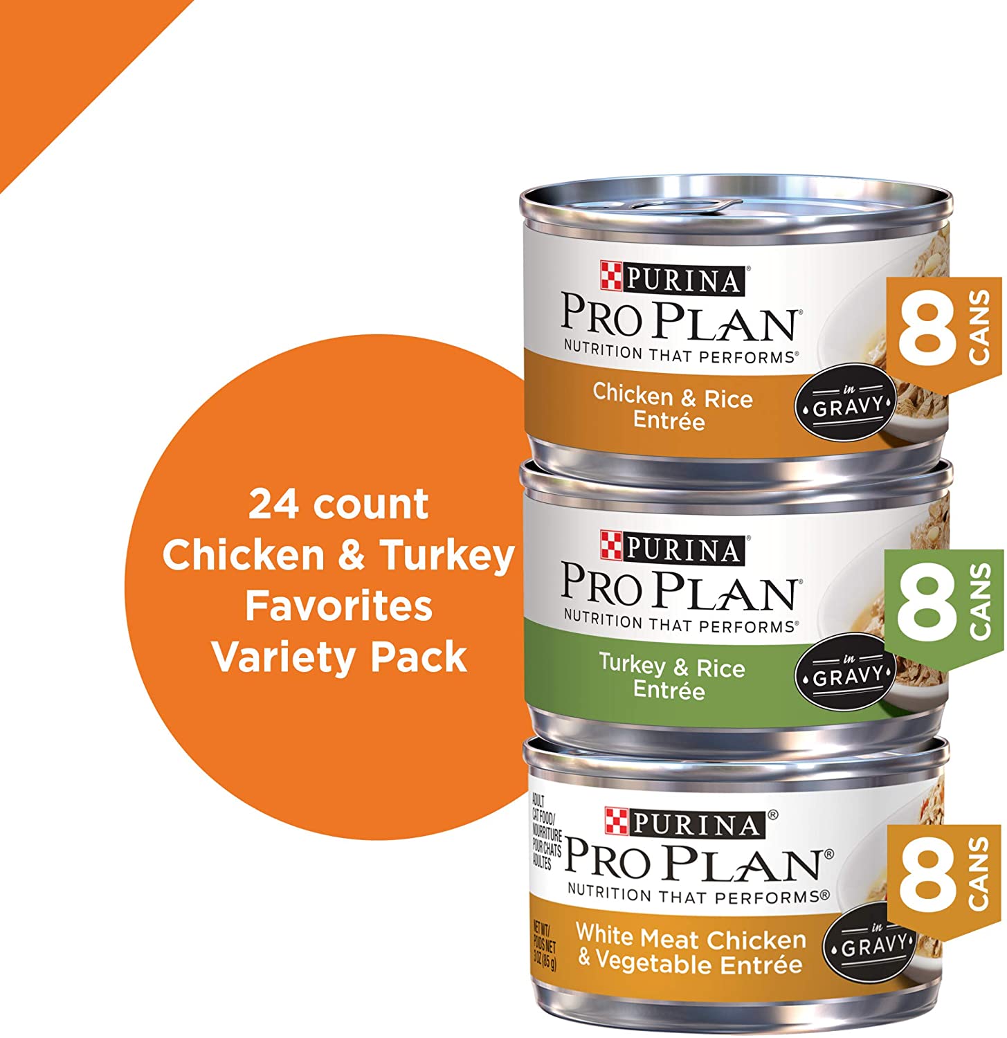 Purina Pro Plan Gravy， High Protein Wet Cat Food Variety Pack， COMPLETE ESSENTIALS Chicken and Turkey Favorites - (24) 3 oz. Cans