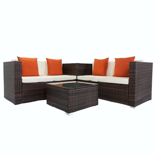 4 Piece Patio Sectional Wicker Rattan Outdoor Furniture Sofa Set with Storage Box -  - 37355246