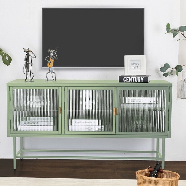 TV Console Stand with Enclosed Storage Cupboard Glass with Wide Countertop Glass Doors Detachable Shelves Bottom