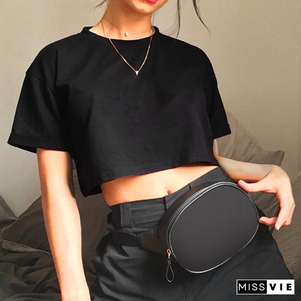 Harajuku Shirt Funny Y2K Women Crop Tops Casual Black Femme Navel T-shirt Round Neck Short Loose Tee Shirt Summer Streetwear