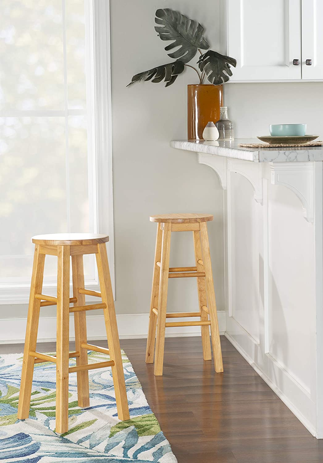 PJ Wood Classic Round-Seat 29 Inch Kitchen Bar Stools， Natural， Set of 2