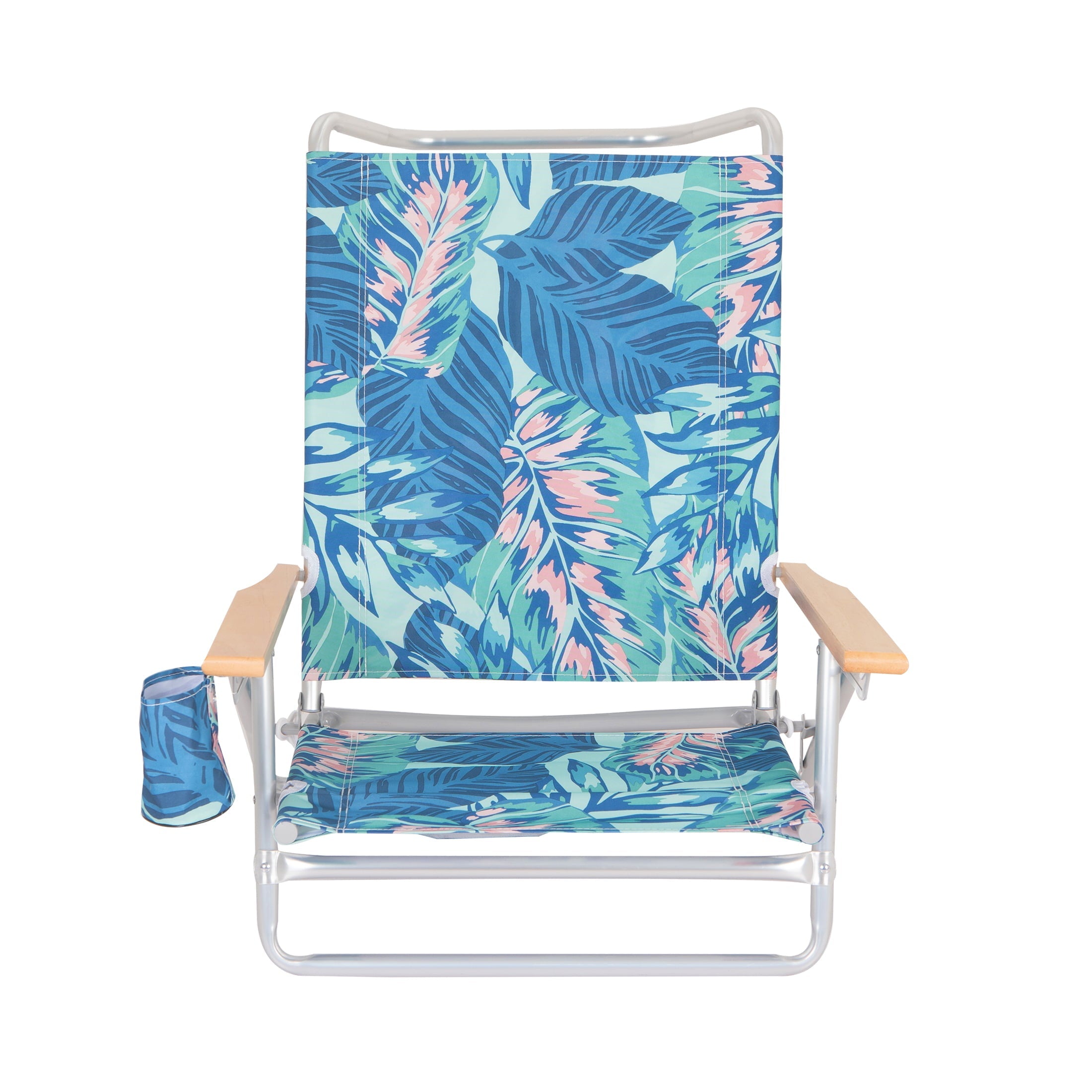 Mainstays Wood Arm Reclining Lay-Flat Beach Chair, Green Palm