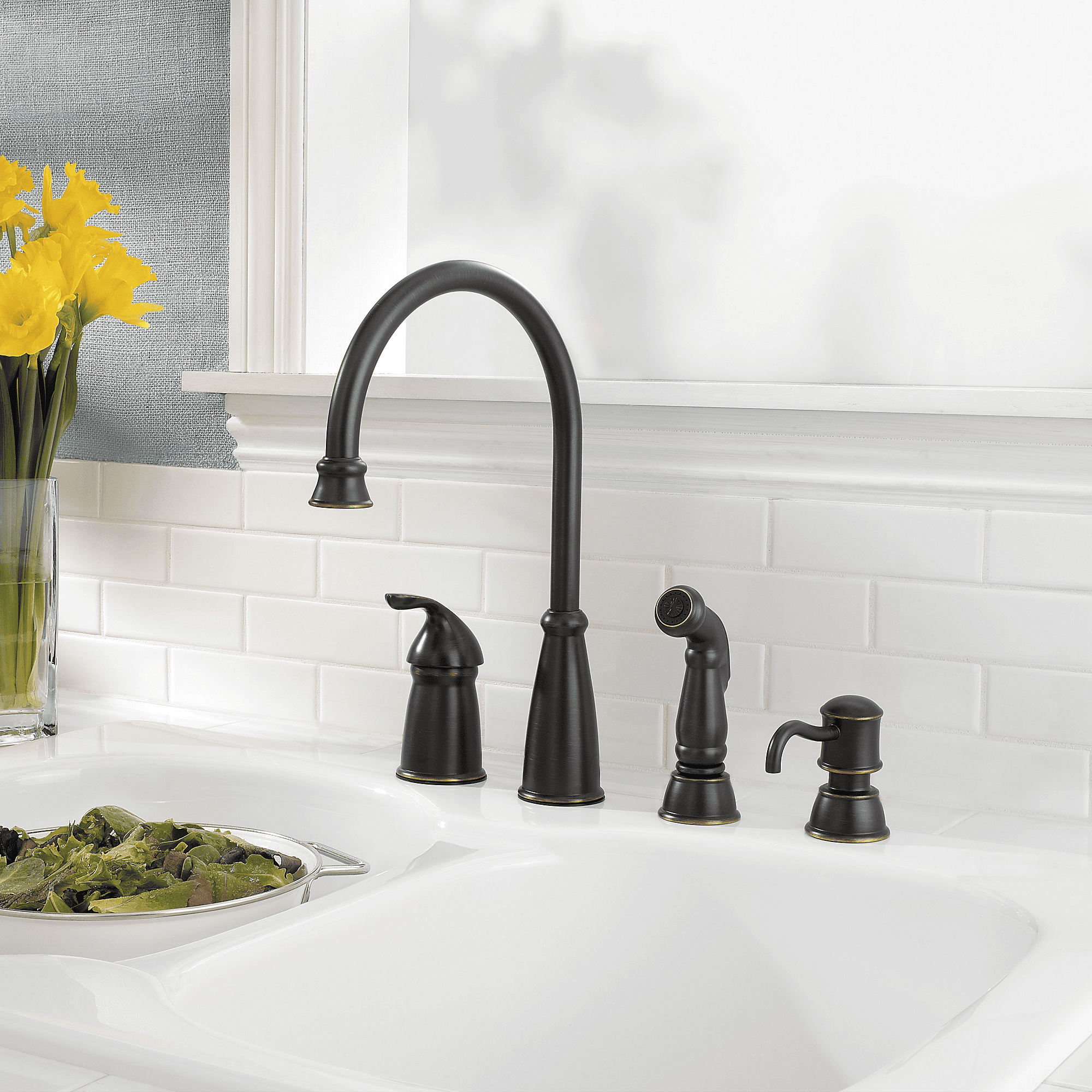 Avalon 1-Handle Kitchen Faucet with Side Spray and Soap Dispenser in Tuscan Bronze