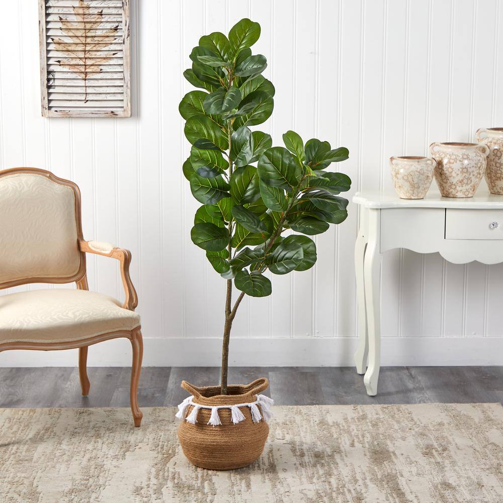 Nearly Natural 4.5 ft. Green Fiddle Leaf Fig Artificial Tree with Boho Chic Handmade Natural Cotton Woven Planter with Tassels T2913