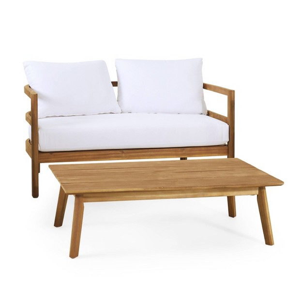 2pc Ellendale Outdoor Acacia Wood Loveseat amp Coffee Table Teak white Christopher Knight Home