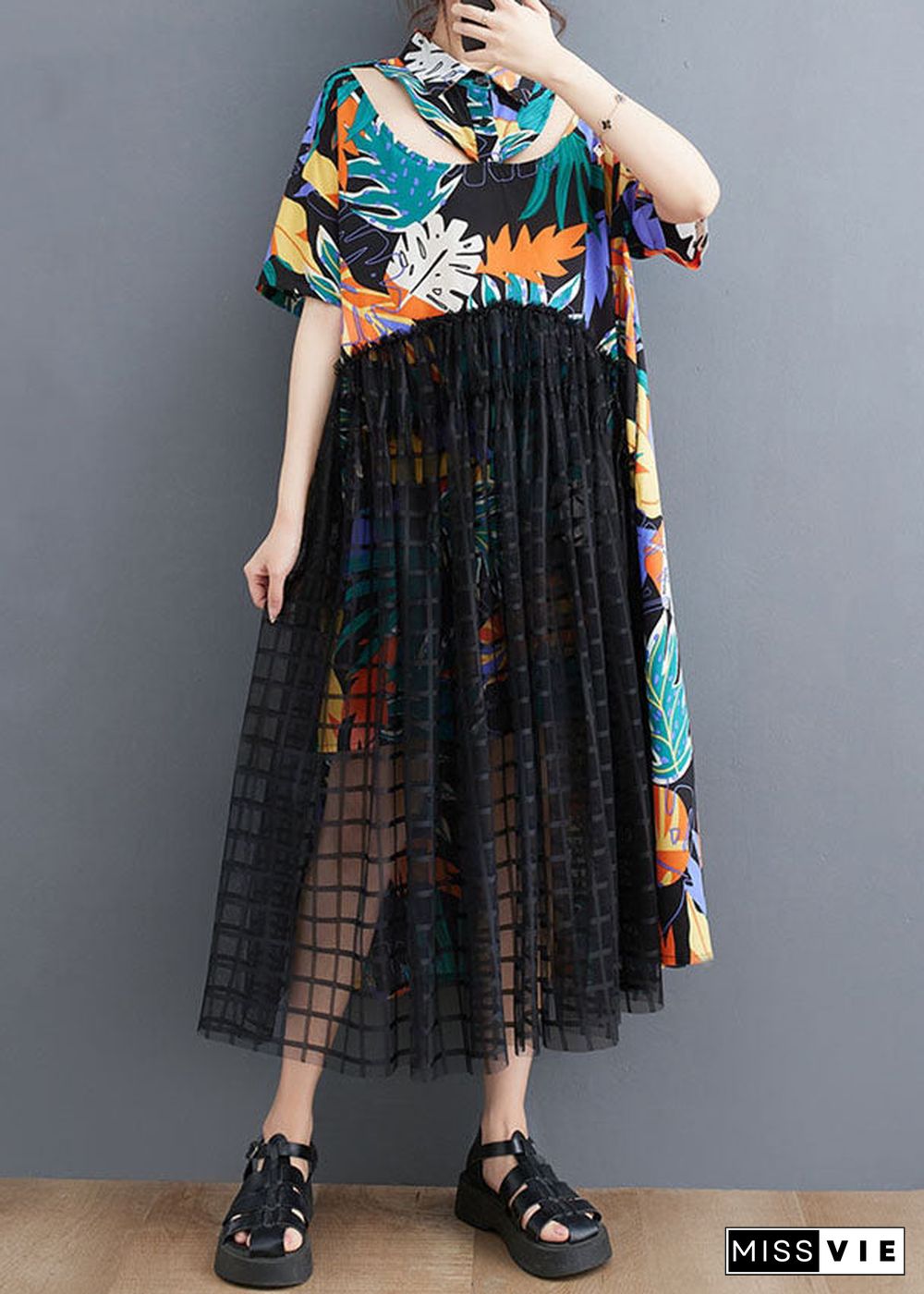 Floral Patchwork Long Tulle Shirts Dress Wrinkled Short Sleeve