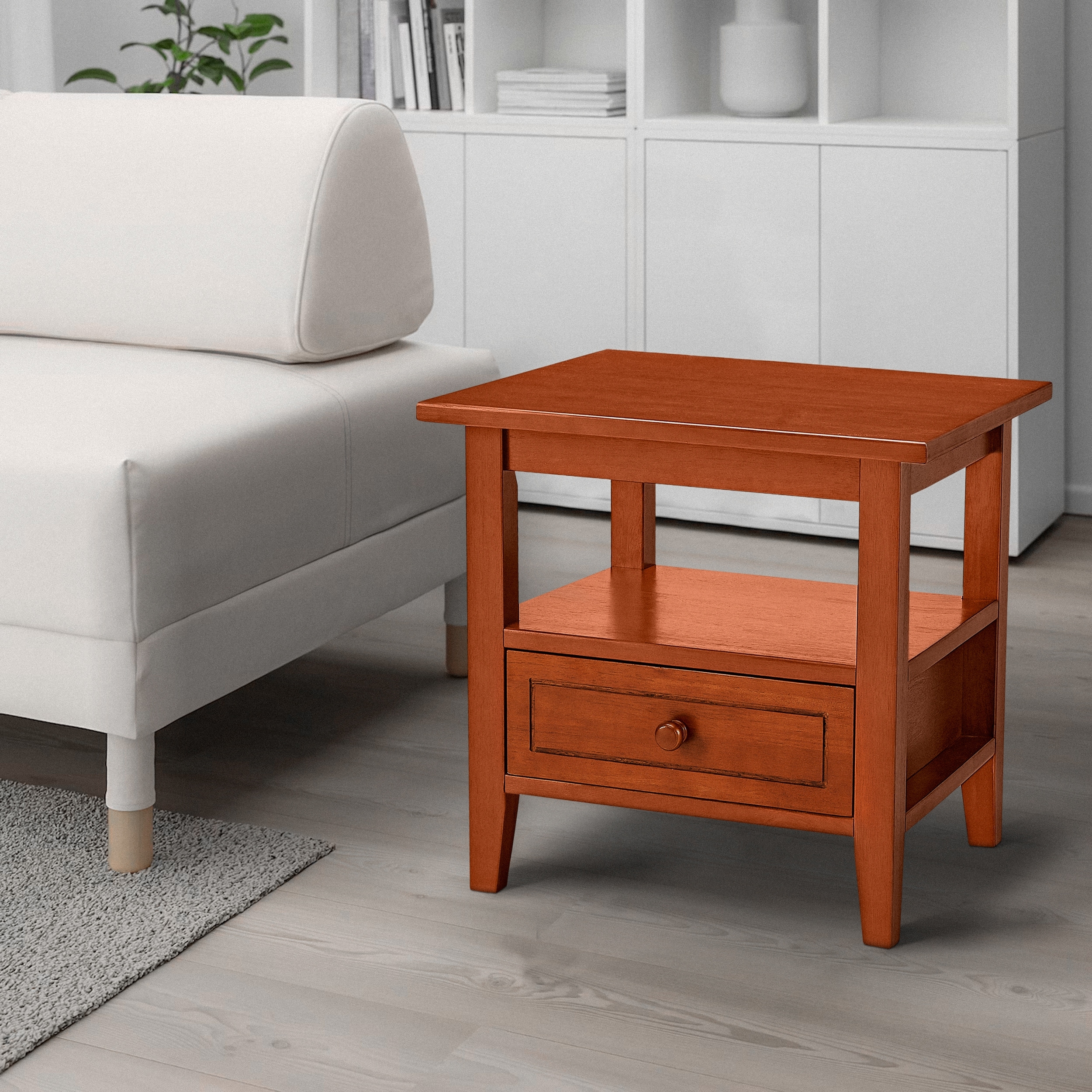 20 Inch Handcrafted Rubberwood Side End Table with an Open Bottom Shelf and A Gliding Bottom Drawer for Living Room