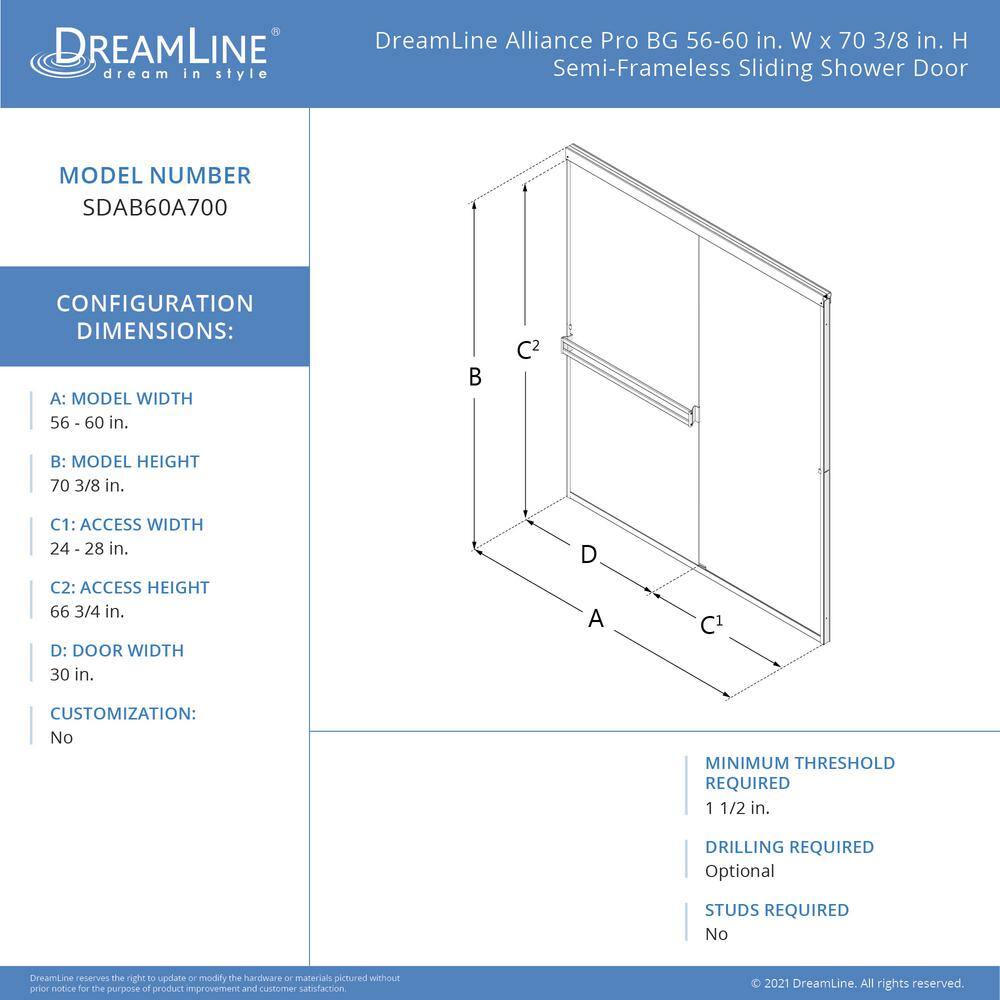 DreamLine Alliance Pro BG 60 in. W x 70.375 in. H Sliding Semi Frameless Shower Door in Satin Black with Clear Glass SDAB60A700VXX09