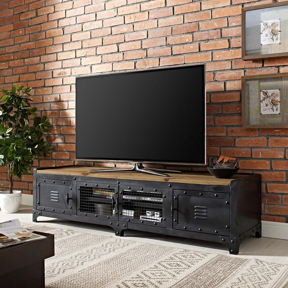 Industrial TV Stand  Unique Design With Metal Body  ampPine Wood Top  Black Finish   Industrial   Entertainment Centers And Tv Stands   by Decorn  Houzz