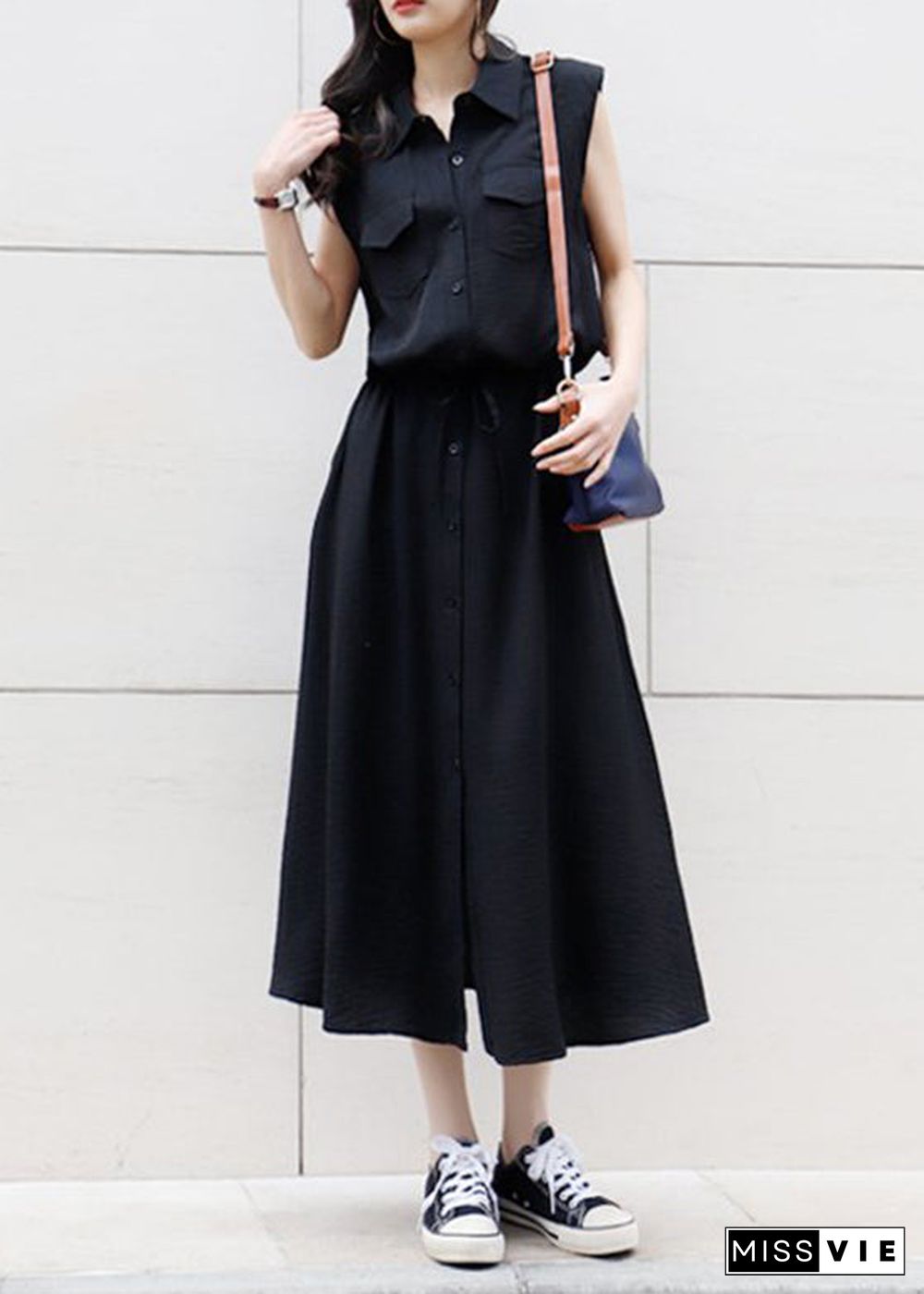 Solid Drawstring Waist Pocket Button Front Maxi Cargo Dress Black