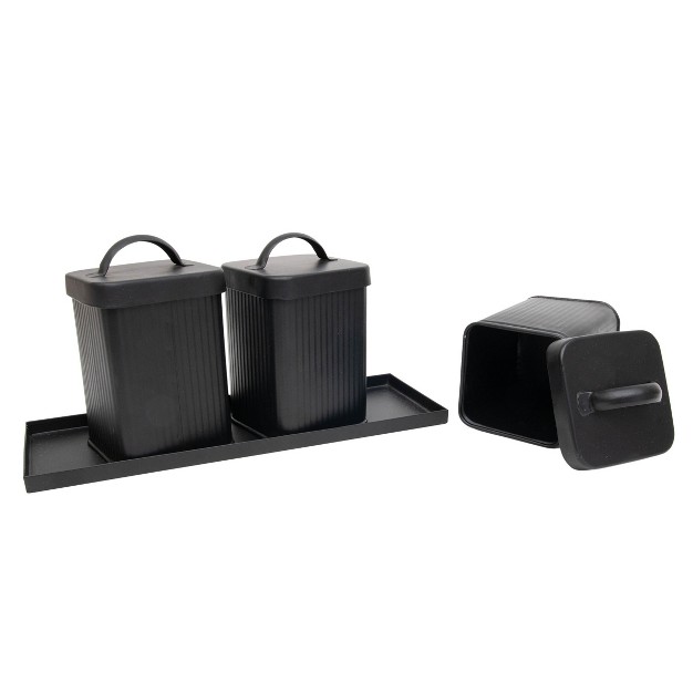 Set Of 3 Black Metal Canisters With Tray Foreside Home amp Garden