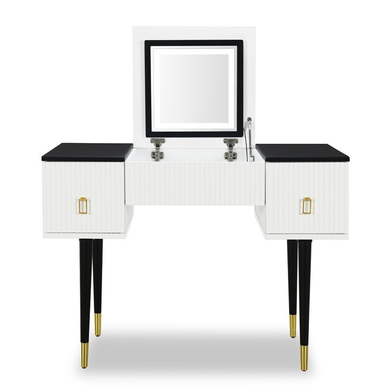 43.3'' Modern Vanity Table Set with Flip top Mirror and LED Light  Customizable Storage