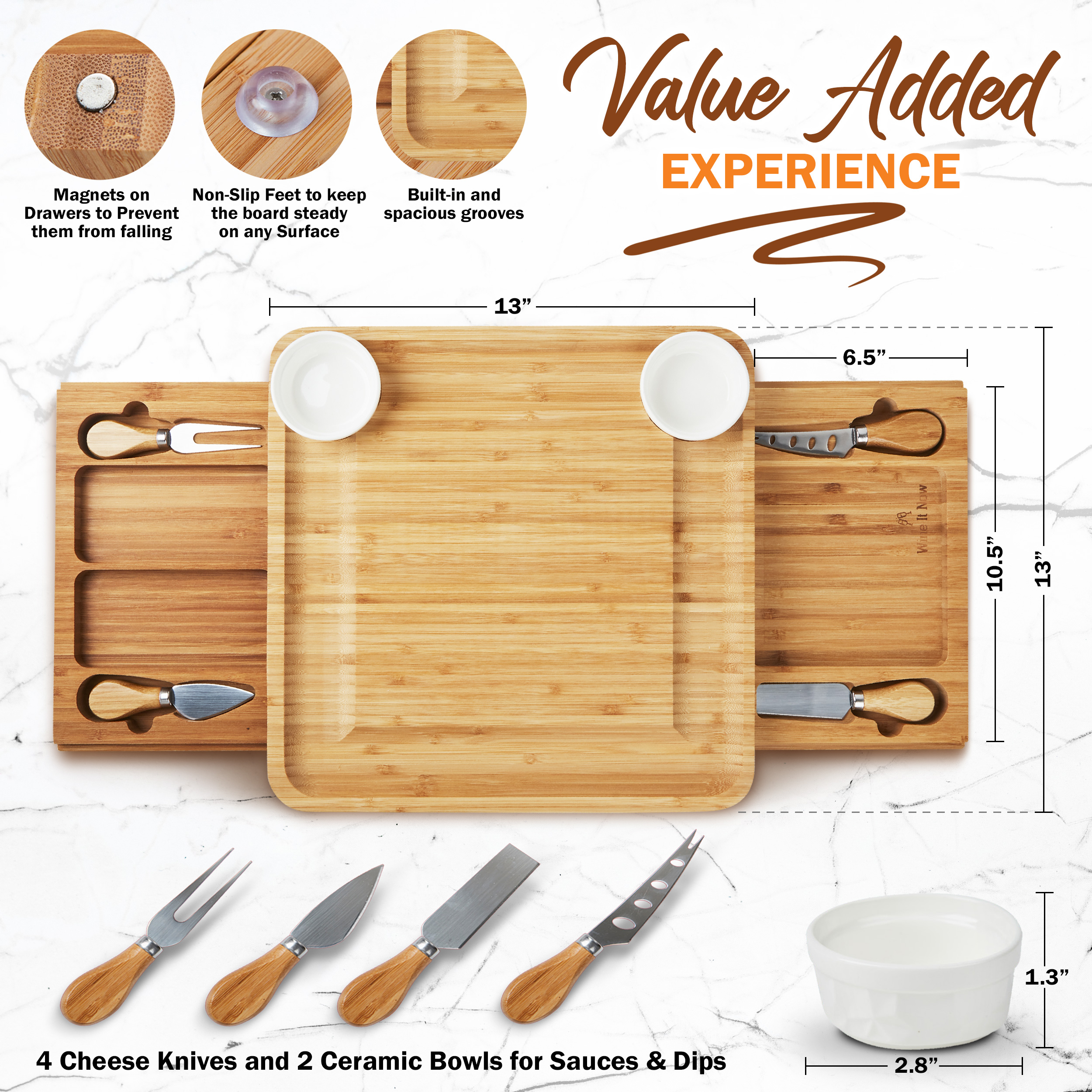 Wine It Now Bamboo Charcuterie Board Set with Slide-Out Drawers and Tools