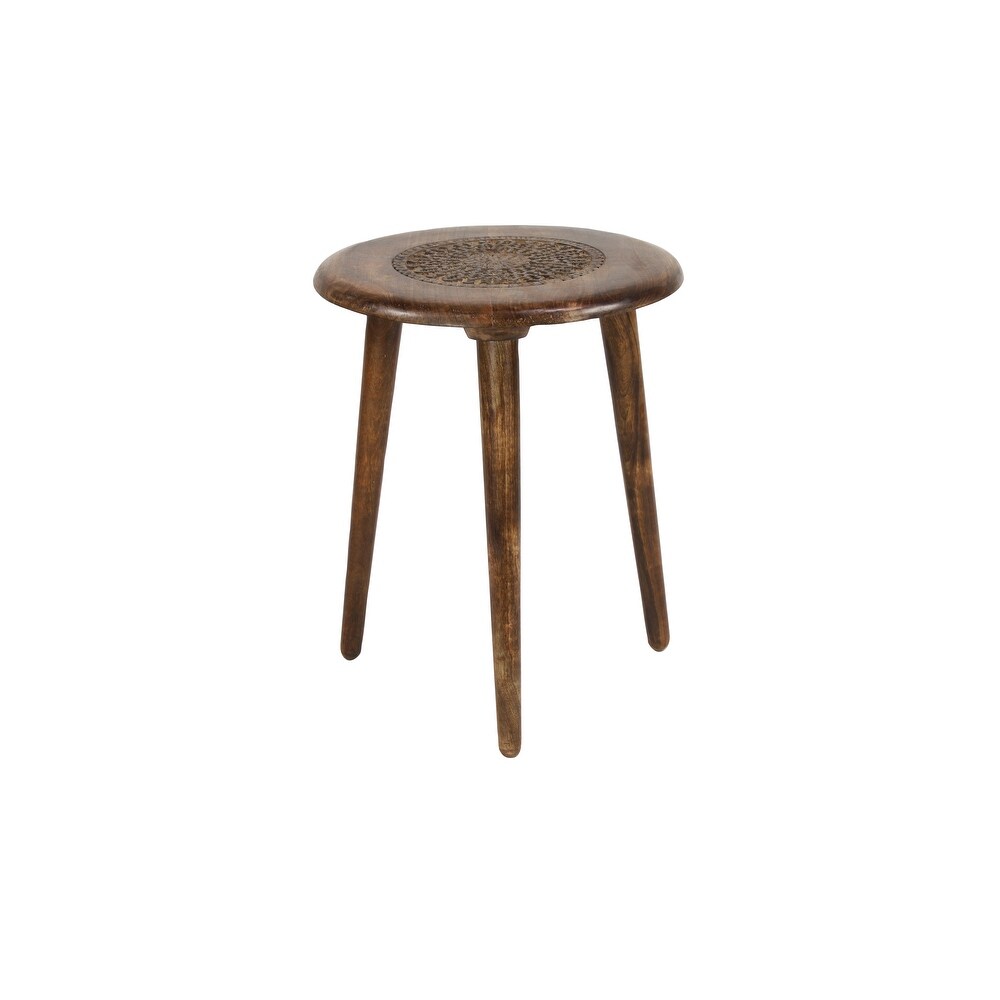 Wood Handmade Intricately Carved Floral Accent Table with 3 Slender Legs