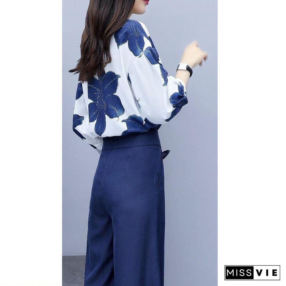 Spring Summer Chiffon Floral Print Two Piece Sets Women Blouses And Wide Leg Pants Suits Elegant Fashion Office Ladies Outfits