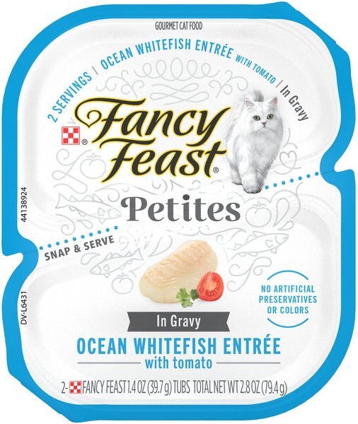 Fancy Feast Gourmet Gravy Wet Cat Food， Petites Ocean Whitefish With Tomato Entree， 2.8-oz tub， case of 12， 12 count